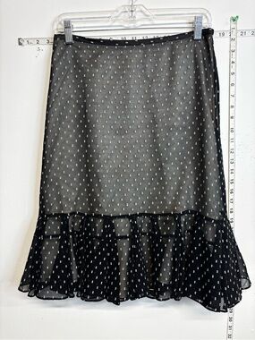 LOFT Black Sheer Polka Dot Midi Skirt with Ruffle Hem